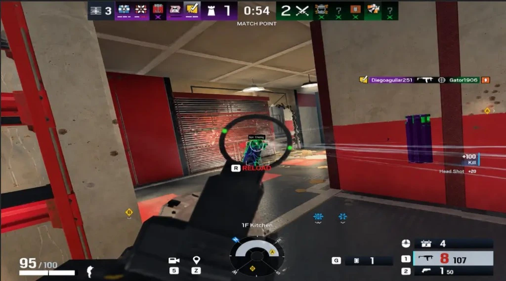 R6 Siege scope view with a green enemy silhouette visible behind a metal shutter.