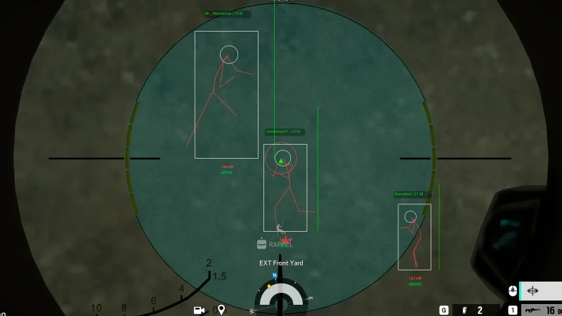 R6 Siege sniper scope with skeleton ESP, player names, and distance labels on enemies.
