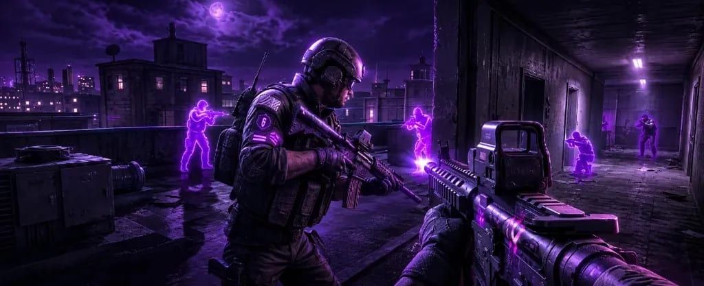 Rainbow Six Siege night scene with purple ESP-style player outlines on a rooftop and hallway.